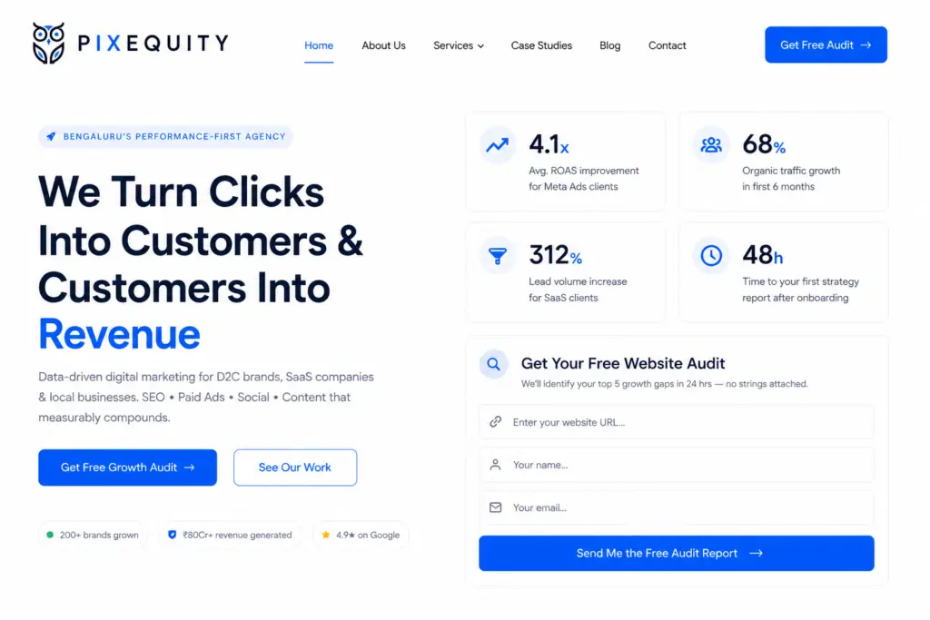 Pixequity digital marketing agency landing page with growth analytics, website audit form, and modern business strategy interface"